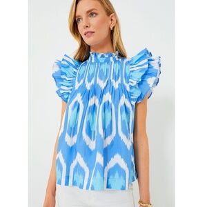 Oliphant Blue Odisha Pintuck Ruffle Blouse, S, Like New